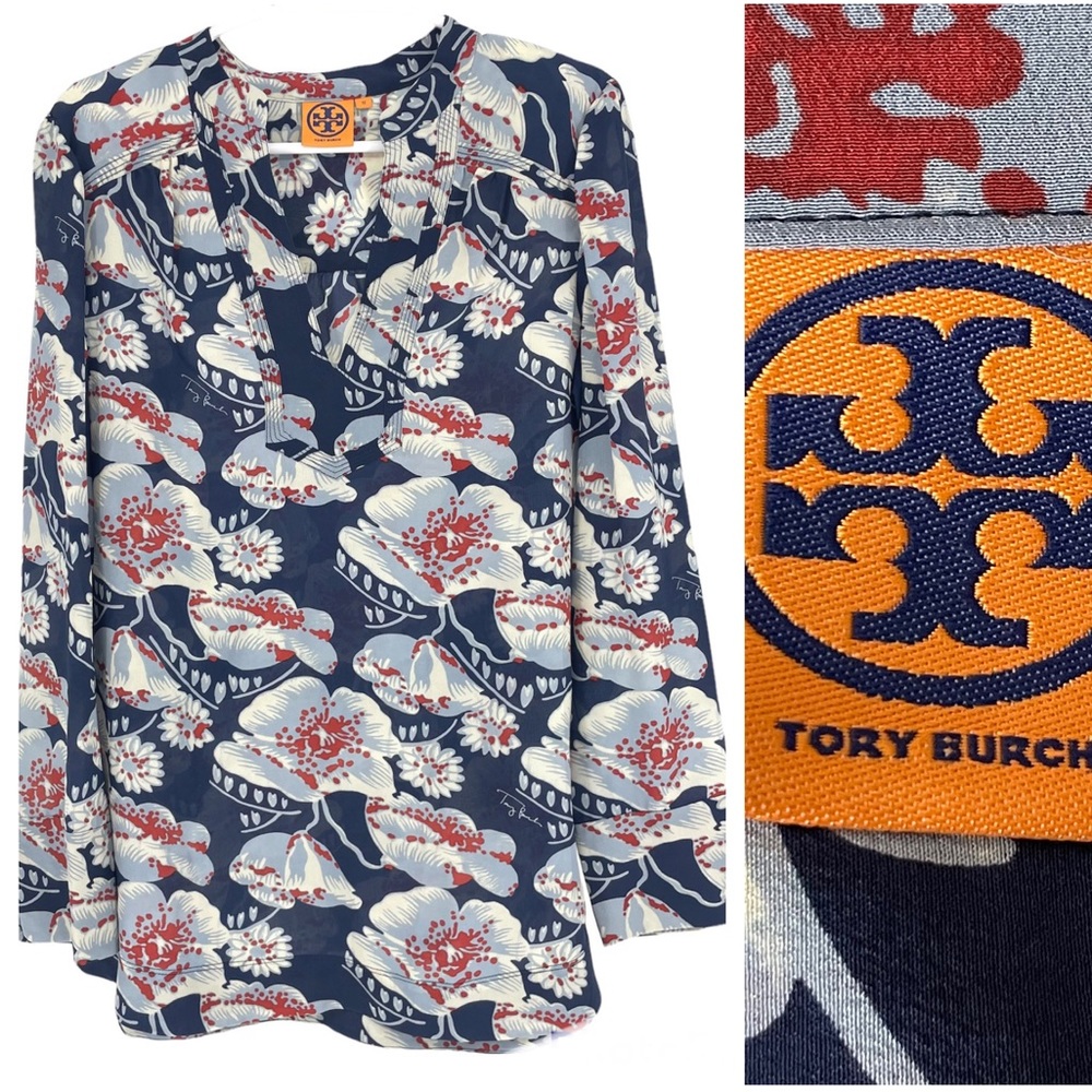 TORY BURCH 100% SILK FLORAL BLOUSE TUNIC OVERSIZED 12 NAVY BLUE